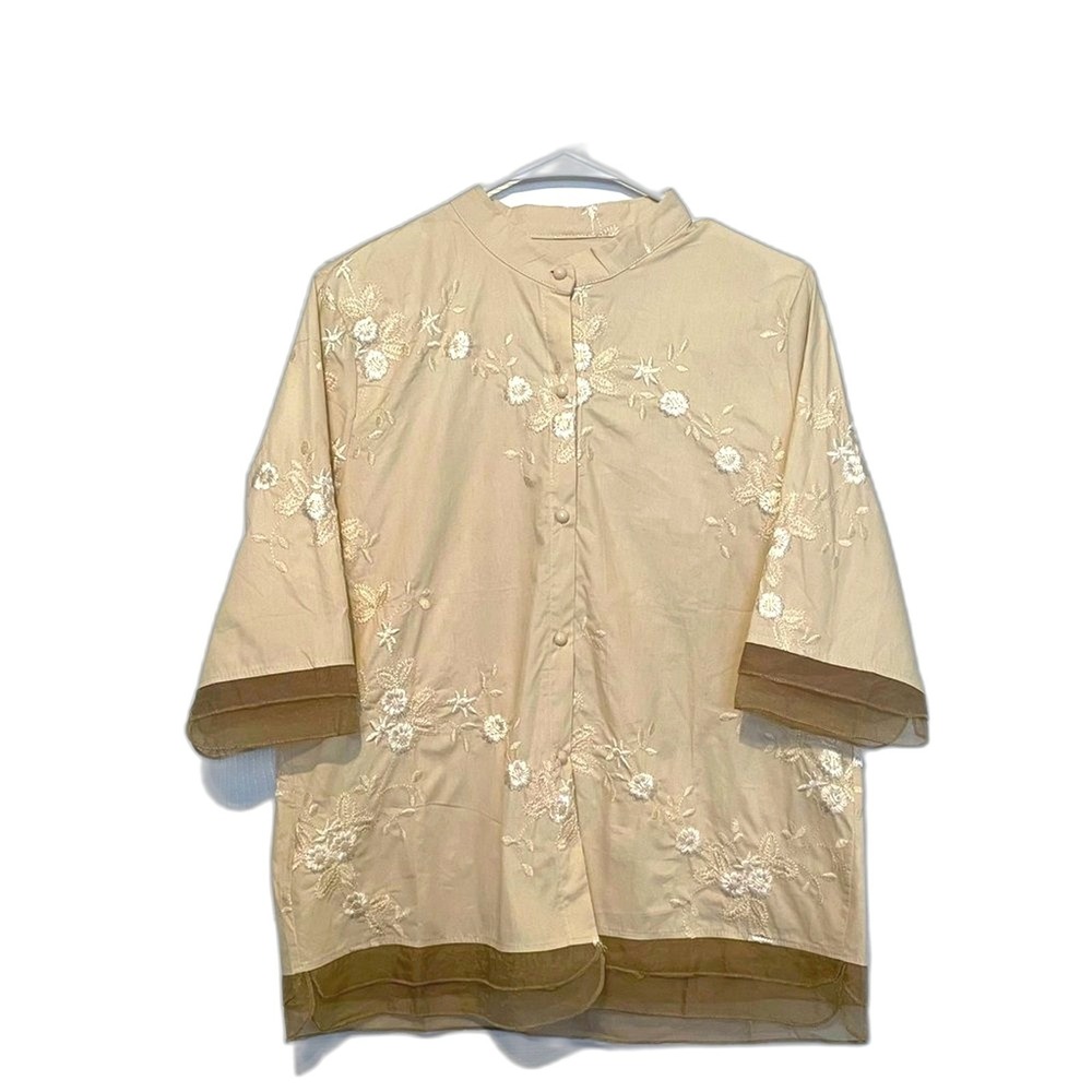 Linen Blend Blouse L Beige Floral Embroidered Sheer Trim Top Cottage Romantic‎